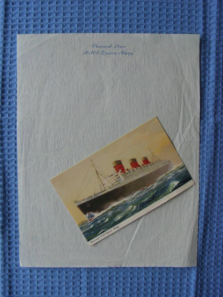 COLOUR POSTCARD AND PIECE OF UNUSED WRITING PAPER FROM THE RMS QUEEN MARY